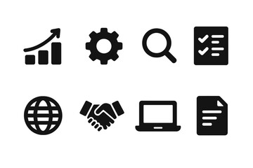 Business Icon Set. Solid, filled icon set of business consulting: chart, gear, magnifying glass, checklist, globe, handshake, laptop, document. [Line icons in