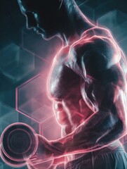 Muscular Figure Lifting Dumbbell in a Digital Art Representation Showcasing Strength and Fitness Energy