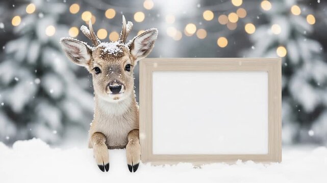 Adorable Christmas Reindeer Standing Beside Blank White Signboard With Festive Holiday Lights Background, Perfect Winter Greeting Scene For Seasonal Celebration, Copy Space And Merry Christmas Concept