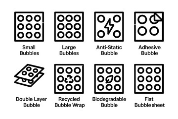 Bubble Wrap Icons. Solid, filled icon set of bubble wrap types: small bubbles, large bubbles, anti-static bubble, adhesive bubble, double layer bubble,