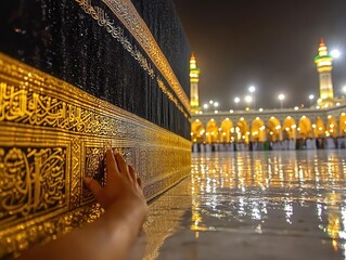 A hand reaching toward a golden, ornate structure within a mosque at night