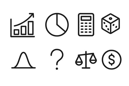 Statistics Icon Set. Outline icon set of statistics: bar chart, pie chart, calculator, dice, probability graph, question mark, scale, coin. Line icons in only