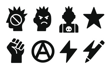 Punk Attitude Icons. Solid, filled icon set of punk attitudes and emotions: rebellion, anger, energy, freedom, nonconformity, anti-establishment, boldness,