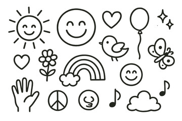Fototapeta premium Cheerful Icons Collection. Hand-drawn doodle illustration sun and happiness smiley face, rays, heart, star, flower, balloon, bird, butterfly, rainbow, cloud,