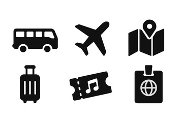Band Tour Essentials. Solid, filled icon set of band touring: tour bus, airplane, hotel, map, luggage, concert ticket, passport, backstage. Solid, filled icons