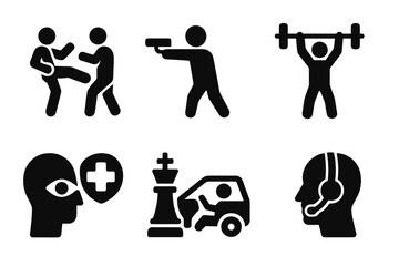 Bodyguard Skills Icons. Solid, filled icon set of bodyguard training: martial arts, firearms training, fitness, first aid, driving skills,