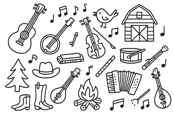 Fototapeta premium Folk Music Doodle Icons. Hand-drawn doodle illustration folk music acoustic guitar, banjo, harmonica, fiddle, mandolin, accordion, drum, flute, hat, boots,