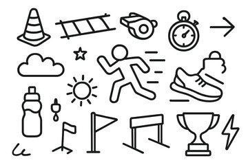 Fototapeta premium Agility Training Icons. Hand-drawn doodle illustration agility drills cones, ladder, whistle, stopwatch, sprinting figure, arrow, running shoe, star, sun,