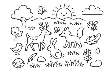 Grassland Animal Doodles. Hand-drawn doodle illustration Animals waking in grasslands deer, fox, rabbit, bird, butterfly, bee, sun rising, grass, flower, tree,