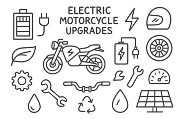 Fototapeta premium Electric Motorcycle Components. Hand-drawn doodle illustration Electric motorcycle upgrades [motorcycle, battery pack, plug icon, charger, lightning bolt, eco