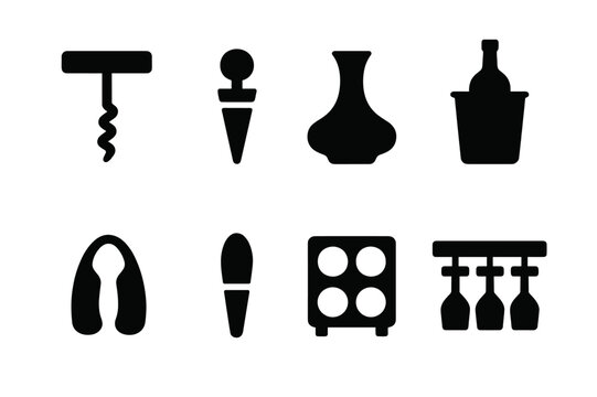 Wine Accessories Icons. Solid, filled icon set of wine accessories: corkscrew, wine stopper, decanter, wine cooler, foil cutter, wine aerator, wine rack, glass