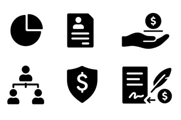 Wealth Distribution Icons. Solid, filled icon set of wealth distribution: pie chart, inheritance document, donation hand, charity box, family tree, trust fund,