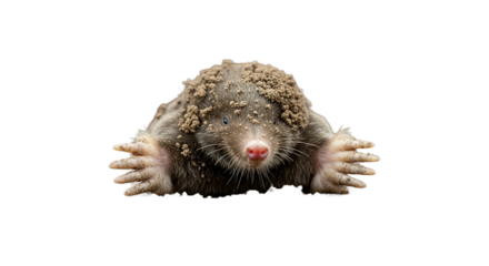 Mole emerging from hole in dirt looking at camera close up.