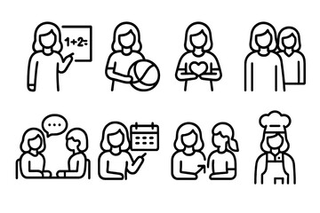 Mother's Social Roles Icons. Outline icon set of mother?s social roles: teacher, coach, volunteer, friend, counselor, organizer, mentor, chef. Line icons in
