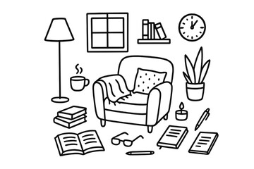 Cozy Reading Nook. Hand-drawn doodle illustration Reading and Work Space [armchair, lamp, coffee cup, stack of books, open book, blanket, pillow, plant,