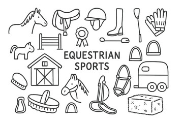 Equestrian Doodle Icons. Hand-drawn doodle illustration [equestrian sports] [horse, saddle, reins, helmet, riding boots, fence jump, rosette, crop whip, riding