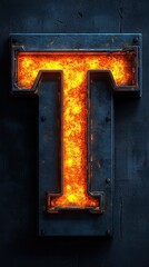 Fototapeta premium Bold letter T rendered with hot fiery orange inside a dark, riveted metal frame