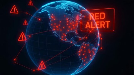 A digital globe illustration showing a 'Red Alert' warning, indicating global connectivity and potential threats on a modern scale. - Powered by Adobe