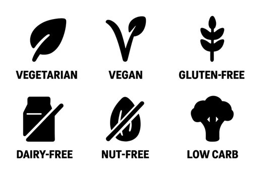 Dietary Preference Icons. Solid, filled icon set of menu dietary preferences: vegetarian, vegan, gluten-free, dairy-free, nut-free, low carb, paleo, kosher.