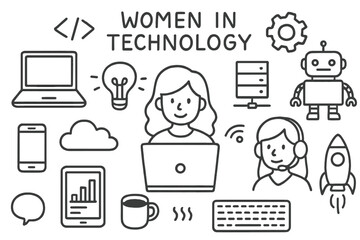 Women in Tech Icons. Hand-drawn doodle illustration [Women in technology] [laptop, smartphone, tablet, code brackets, gear, lightbulb, server, robot, cloud,
