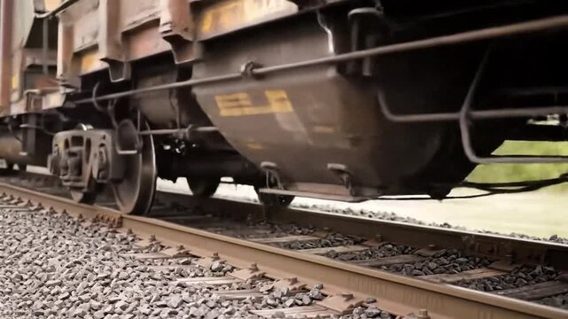 Tracking Shot of a Freight Train Transporting Goods on a Railroad with Rocky Ground on a Bright Sunny Day Depicting Industry and Logistic Transportation of Cargoes on Rails
