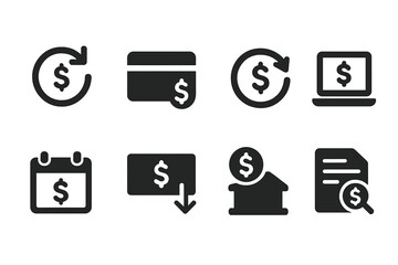 Financial Transaction Icons. Solid, filled icon set of financial transactions: debit transfer, card payment, automatic debit, online transaction, monthly