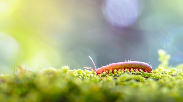 A small millipede crawls across vibrant green moss in the soft sunlight