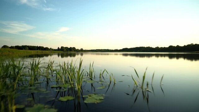 Cinematic low-angle slide shot skimming just above the water's surface at the edge of a vast, calm pond liquid, serene, background