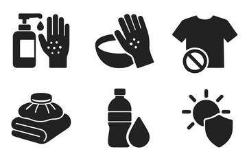 Obraz premium Eczema Care Icons. Solid, filled icon set of eczema care routine: moisturizing, gentle cleansing, avoiding scratching, protective clothing, cold compress,