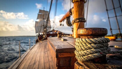 Obraz premium Close-up of a vintage wooden ship's deck with ropes