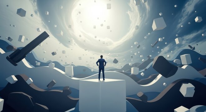 Man stands in surreal futuristic environment with floating geometric shapes and bright light
