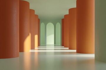 Fototapeta premium A sun-drenched interior space, featuring smooth cylindrical columns in warm terracotta and pale mint green, and arched openings, evokes a sense of serenity and tranquility.