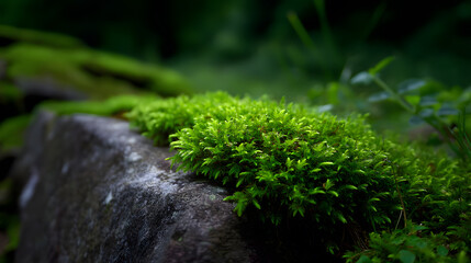 Fototapeta premium Lush Moss on Stone: A close-up capture of vibrant green moss clinging to weathered stone, demonstrating a delicate balance of nature's beauty.