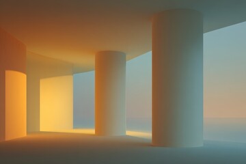 A serene, minimalist interior space, bathed in soft, warm light, featuring smooth, cylindrical columns and muted color gradients.