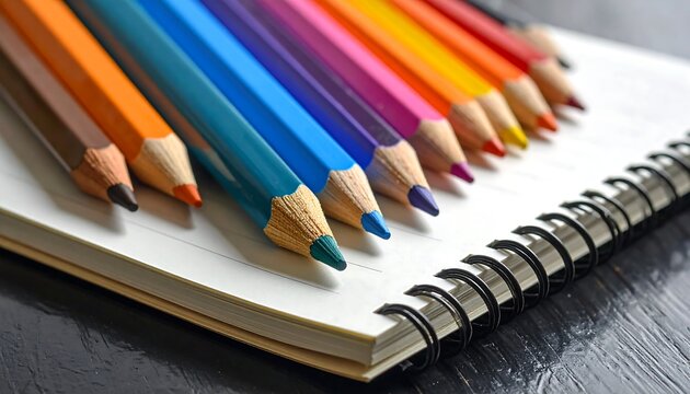 Colored pencils arranged on a spiral notebook - Powered by Adobe