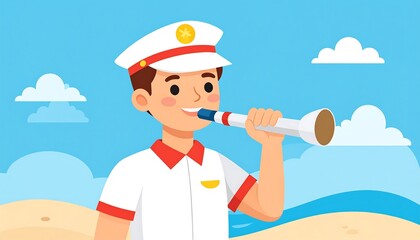 Cartoon boy blowing a horn on a beach