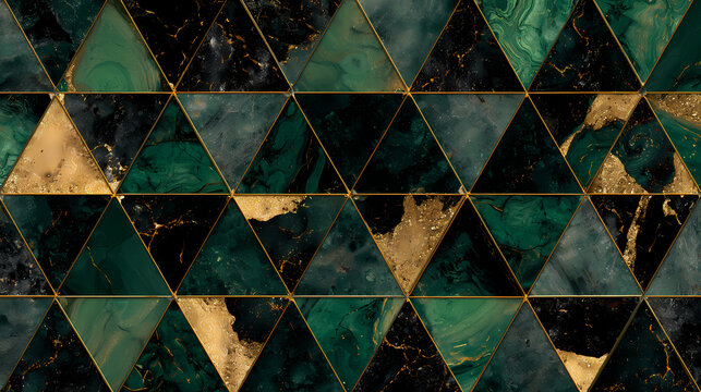 Geometric triangle pattern background with green and gold marble texture
