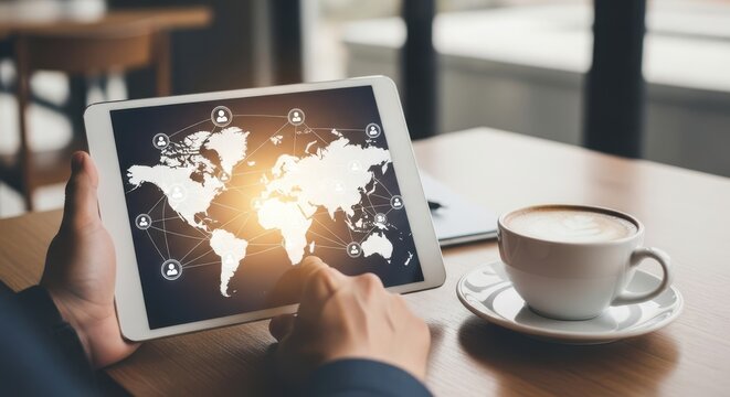 Person holding tablet displaying world map near coffee cup on table with blurred background
