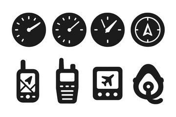 Flight Instrument Icons. Solid, filled icon set of glider flight instruments: variometer, altimeter, airspeed indicator, compass, GPS device, radio, flight