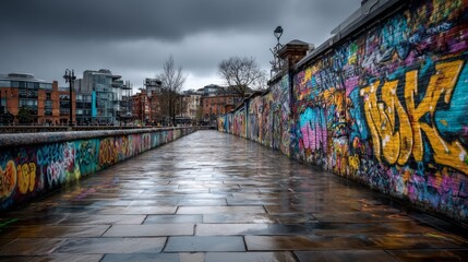 Fototapeta premium Colorful Urban Graffiti on Wet Pavement in Modern Cityscape Under Cloudy Sky