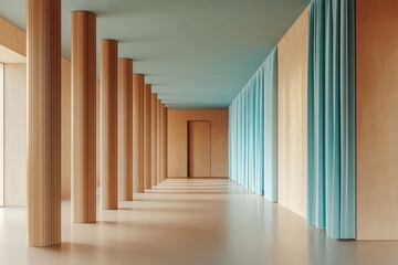 Naklejka premium A serene hallway with light wooden pillars and pale teal curtains, creating a tranquil and minimalist architectural space.