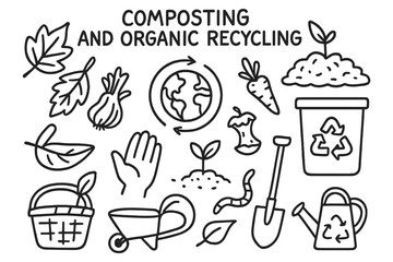 Composting Doodle Icons. Hand-drawn doodle illustration [Composting and organic recycling] [compost pile, leaves, vegetable scraps, plant, hand, globe, arrows