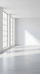 Obraz premium Bright empty room with large windows and sunlight casting shadows on the floor