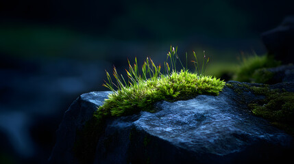 Naklejka premium Moss and Rock Harmony: A detailed close-up reveals a verdant patch of moss thriving atop a weathered rock, evoking a sense of nature's resilience and understated beauty. The scene is bathed in soft.