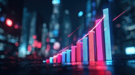 Ascending Bar Graph with Red Trend Line Against a Blurry Cityscape, Neon Glow.