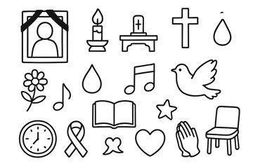 Obraz premium Memorial Service Symbols. Hand-drawn doodle illustration memorial service photo frame, candle, flowers, altar, cross, teardrop, music note, book, dove, clock,