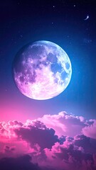 Fototapeta premium A vibrant full moon dominates a surreal night sky, bathed in pink and purple hues, above a layer of luminous clouds and scattered stars