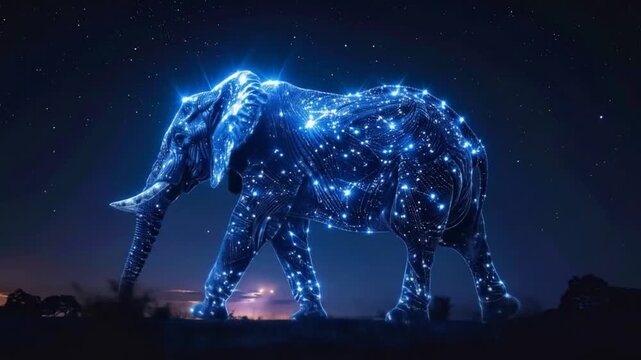 Digital depiction of an elephant outlined with luminous circuits in the night sky