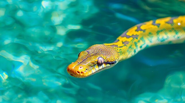 A green and yellow snake swims gracefully through clear blue water
