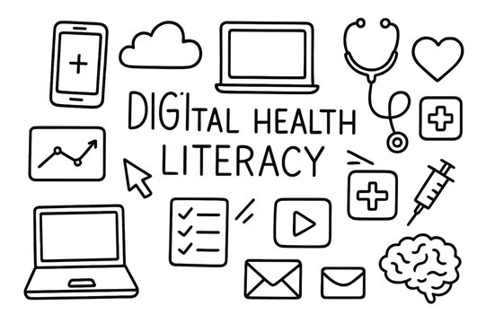 Digital Health Icons. Hand-drawn doodle illustration Digital health literacy [smartphone, tablet, laptop, cloud, stethoscope, heart symbol, app icon, cursor, - Powered by Adobe